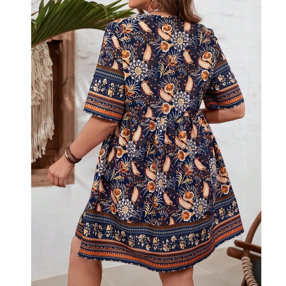 Plus Floral Print V neck Short Sleeve Mini Dress - Picture 3 of 3